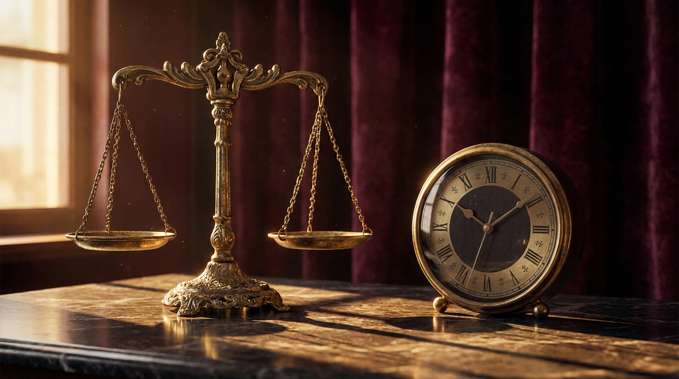 Balança da justiça e relógio simbolizando o controle de legalidade em 24 horas