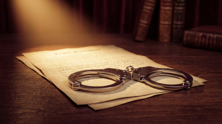 Algemas sobre um documento jurídico, representando flagrante ilegal