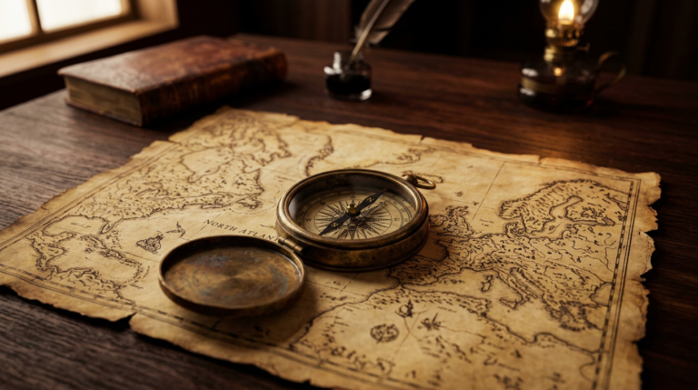 Bússola de bronze sobre um mapa, representando a permanência na comarca