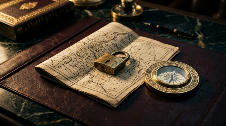 Mapa com cadeado e bússola — permanecer na área e comarca autorizadas