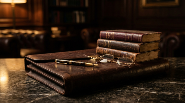 Pasta de couro, óculos e livros — trabalhar e estudar usando tornozeleira