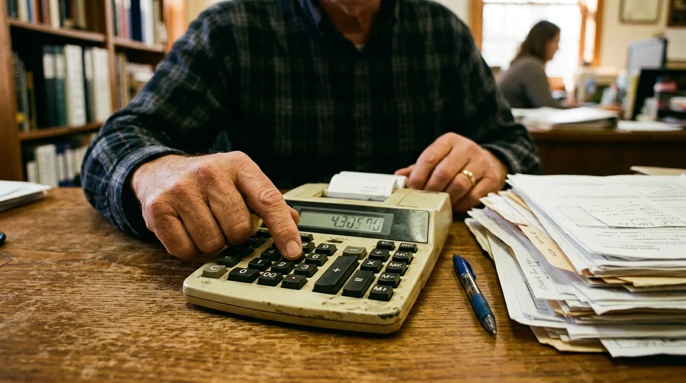 Maos usando calculadora sobre documentos, calculo da pena com a detracao penal