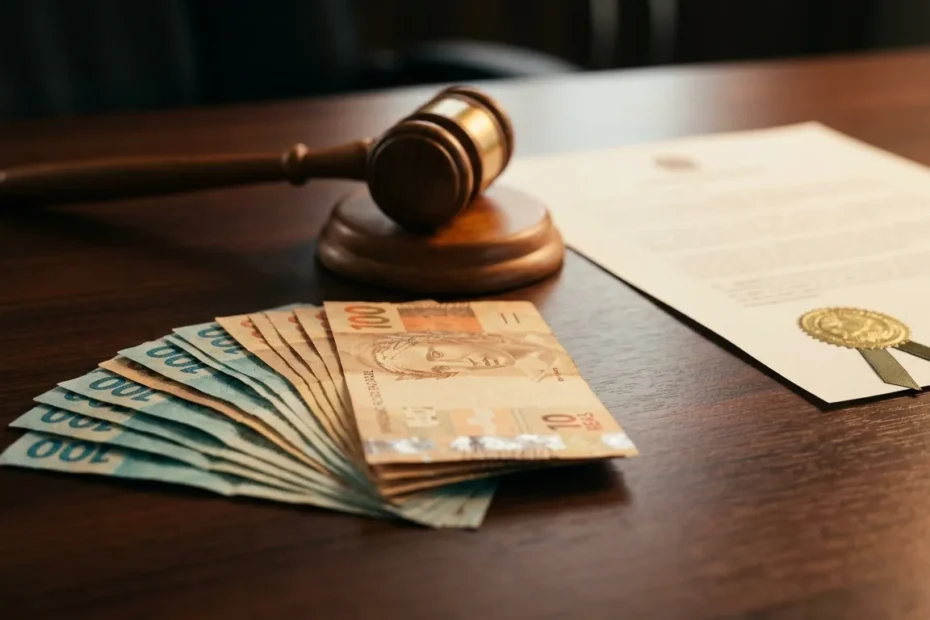 Cédulas de dinheiro e martelo representando a fiança criminal