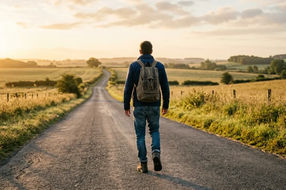 Homem caminhando em estrada ao amanhecer, liberdade no livramento condicional