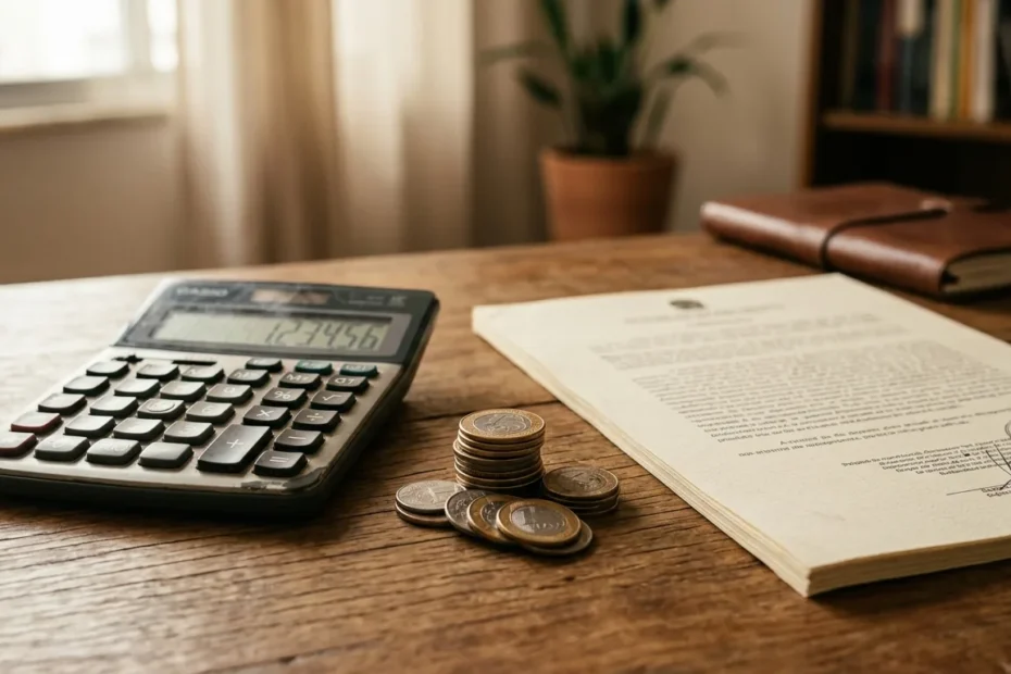 Calculadora e moedas representando o cálculo da pena de multa