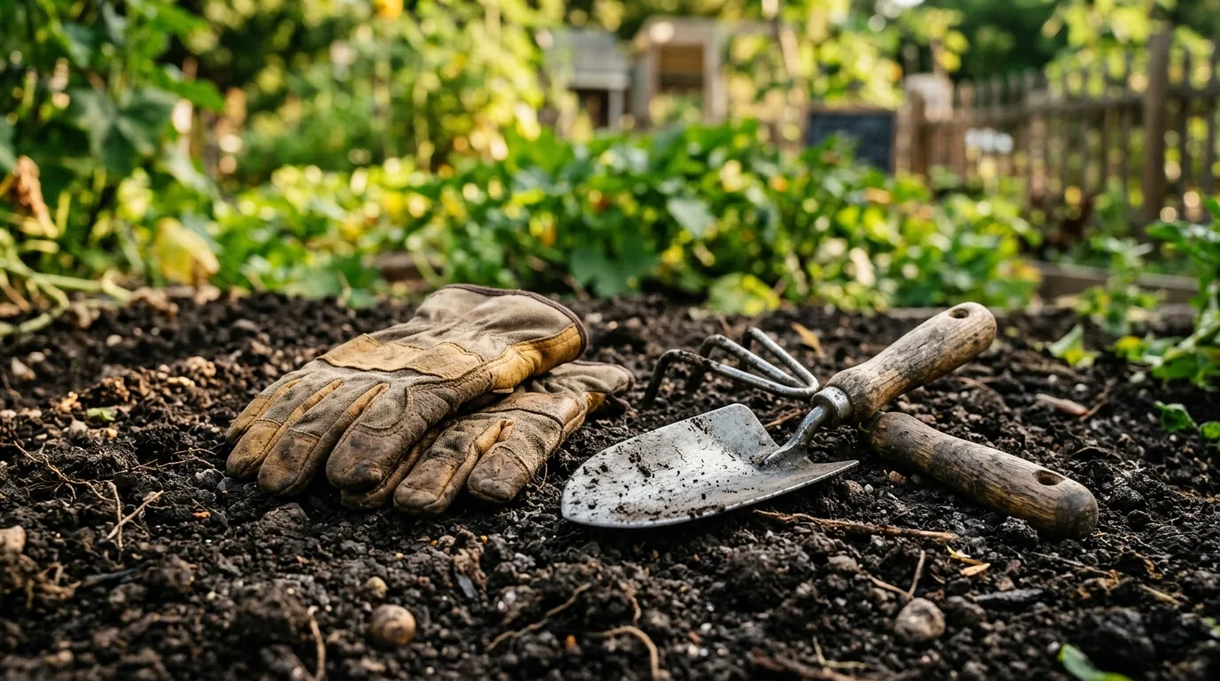 Ferramentas de jardim e luvas simbolizando a prestação de serviços