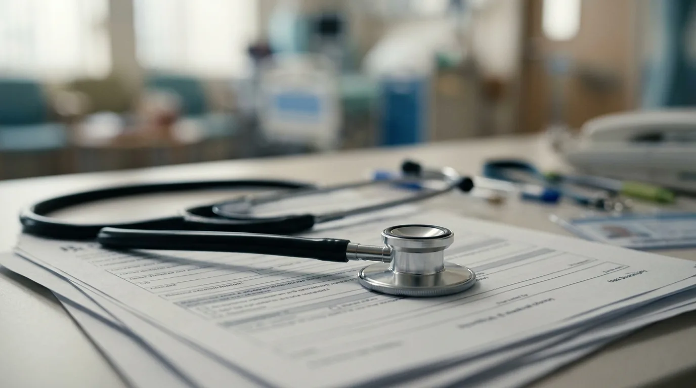 Estetoscópio sobre laudos médicos que fundamentam a prisão domiciliar
