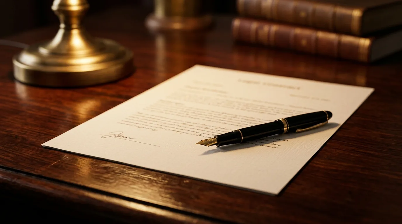 Contrato de honorários e caneta sobre a mesa do advogado