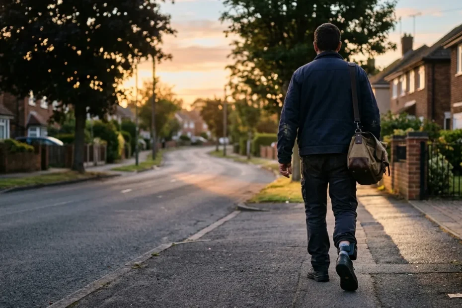 Homem caminhando para o trabalho ao amanhecer, rotina do regime semiaberto