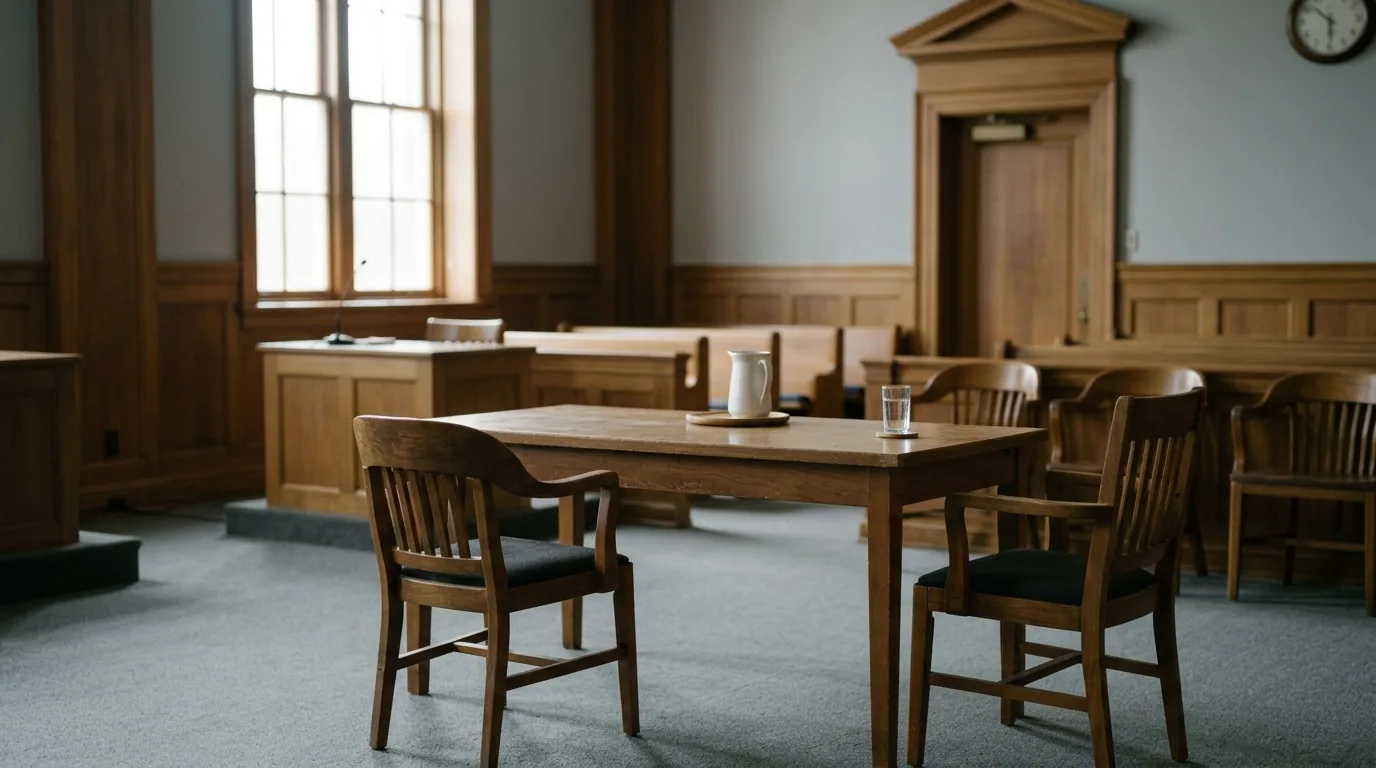 Sala com mesa e cadeiras, audiência de justificação na regressão de regime