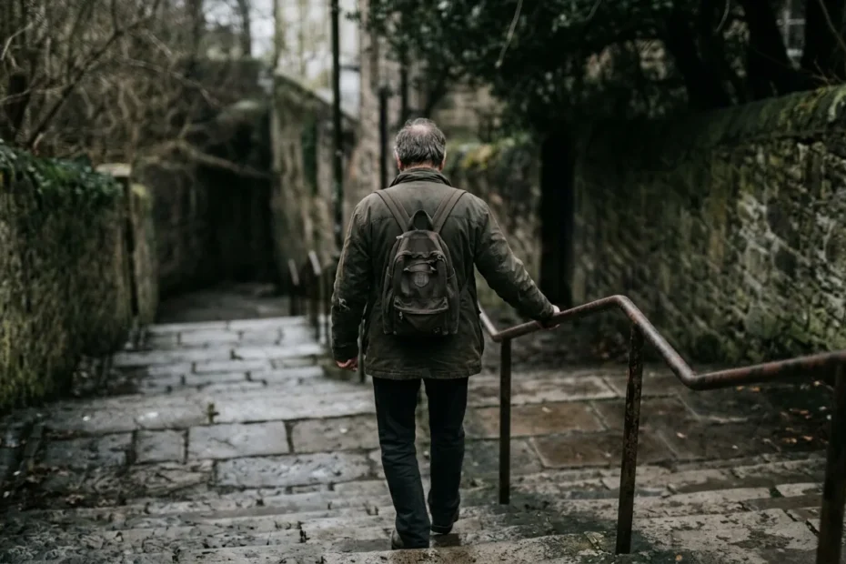 Homem de costas descendo escadaria de pedra, regressão de regime