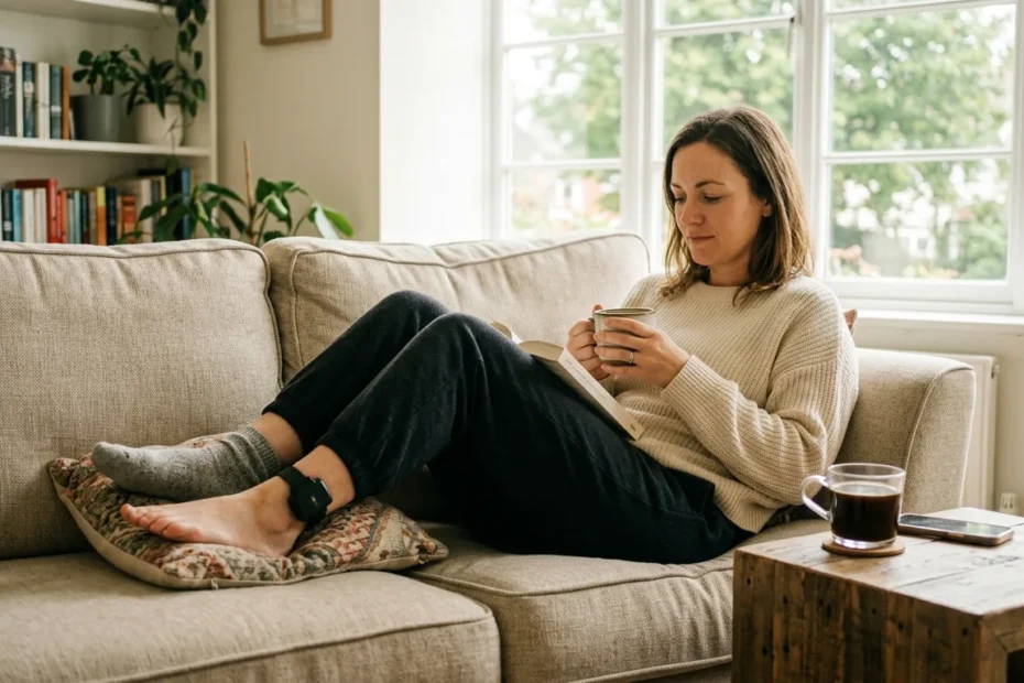 Pessoa com tornozeleira eletrônica relaxando em casa no fim de semana