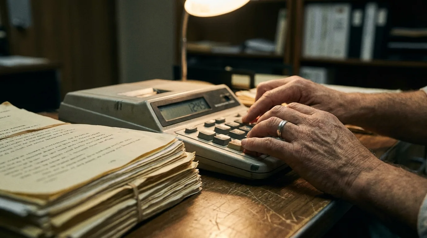 Mãos usando calculadora de mesa para recalcular a pena após a comutação