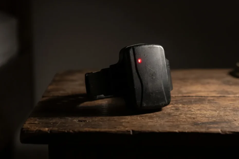 Tornozeleira eletrônica com luz vermelha acesa sobre uma mesa escura, representando um alerta de descumprimento