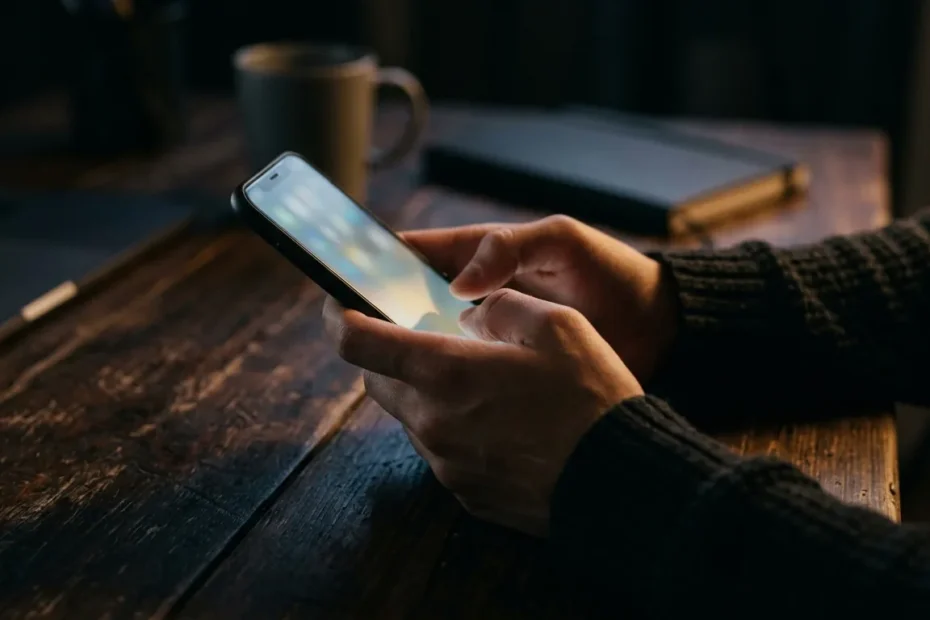 Mãos segurando um smartphone à noite sobre uma mesa escura, ilustrando um golpe de estelionato