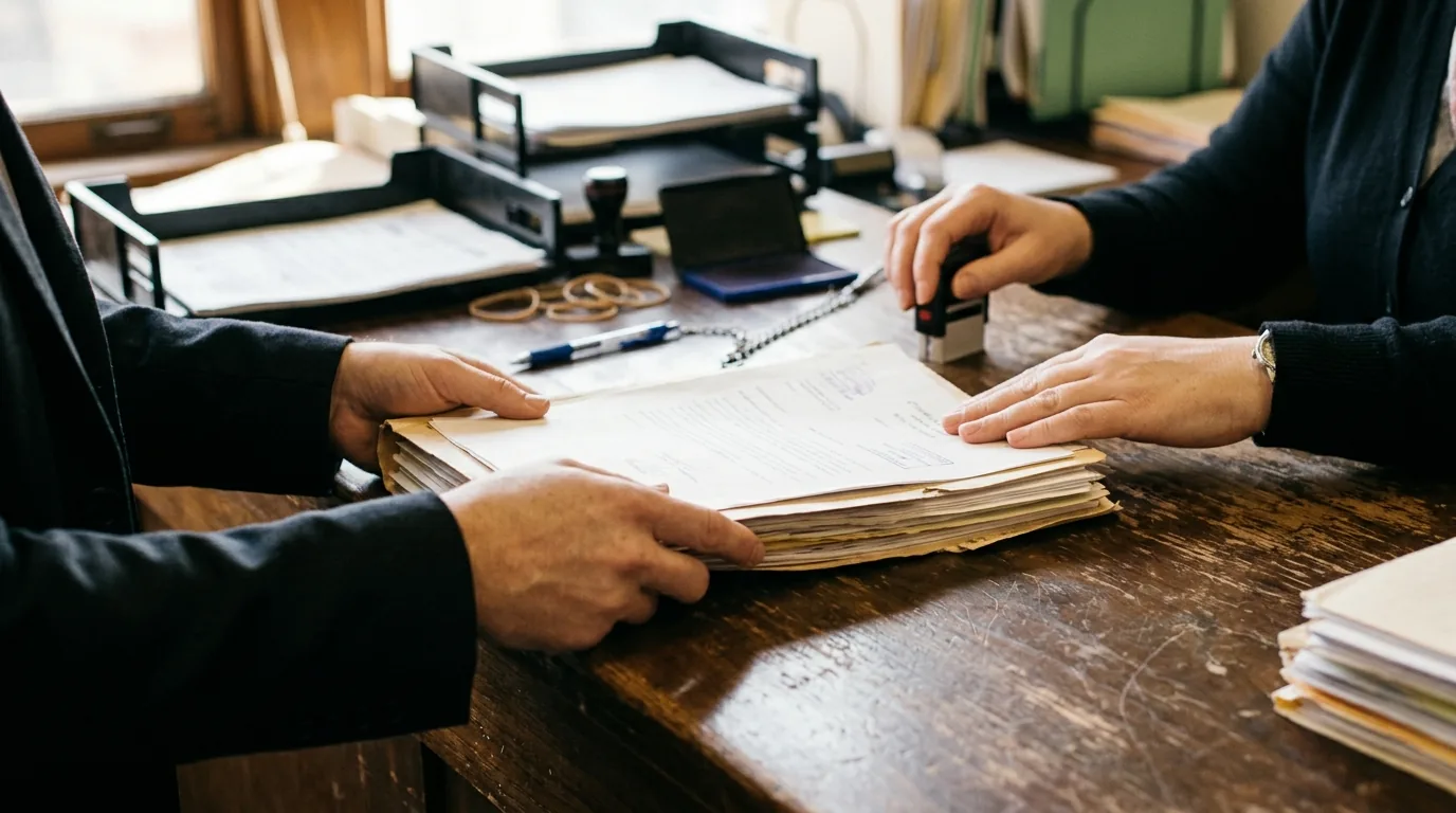 Mãos protocolando um documento em um balcão de fórum, representando o pedido de habeas corpus