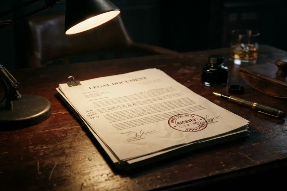 Documento jurídico carimbado e posto de lado sobre uma mesa escura sob a luz de uma luminária, clima sóbrio