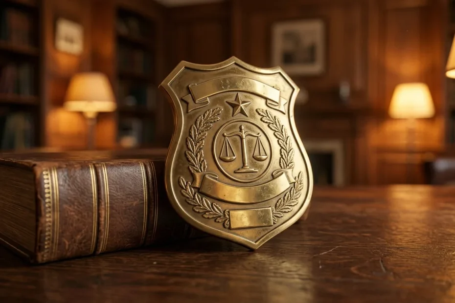 Emblema de escudo em bronze com a balança da justiça ao lado de um livro de direito, simbolizando o habeas corpus preventivo