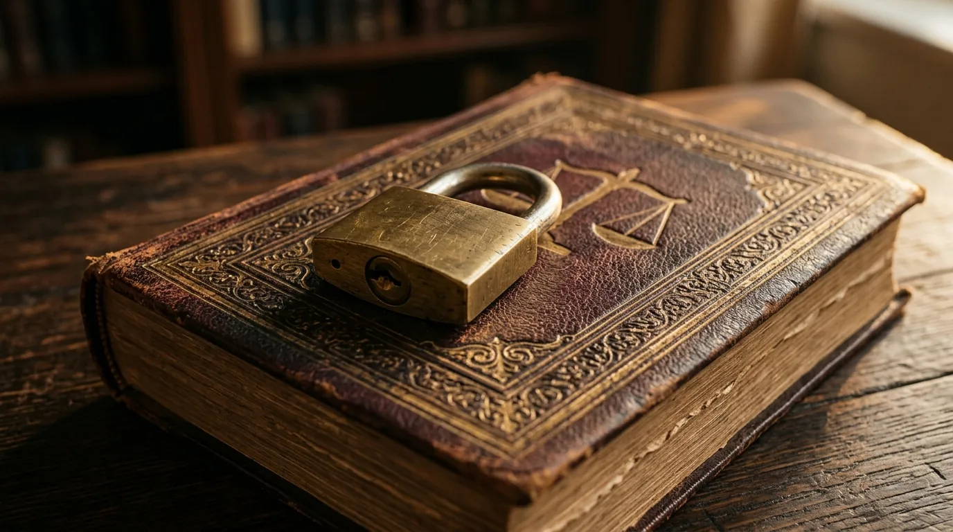 Cadeado de bronze fechado sobre um livro de direito, simbolizando a proteção do salvo-conduto