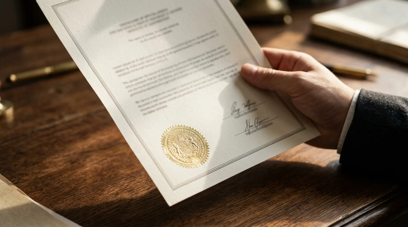 Mão segurando um documento oficial com selo em relevo, representando o salvo-conduto do habeas corpus preventivo