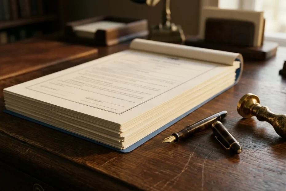 Mão escrevendo um pedido de habeas corpus com caneta tinteiro sobre papel, em uma mesa de escritório