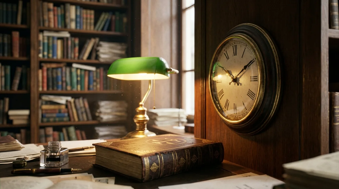 Relógio analógico ao lado de um livro de direito fechado sobre uma mesa