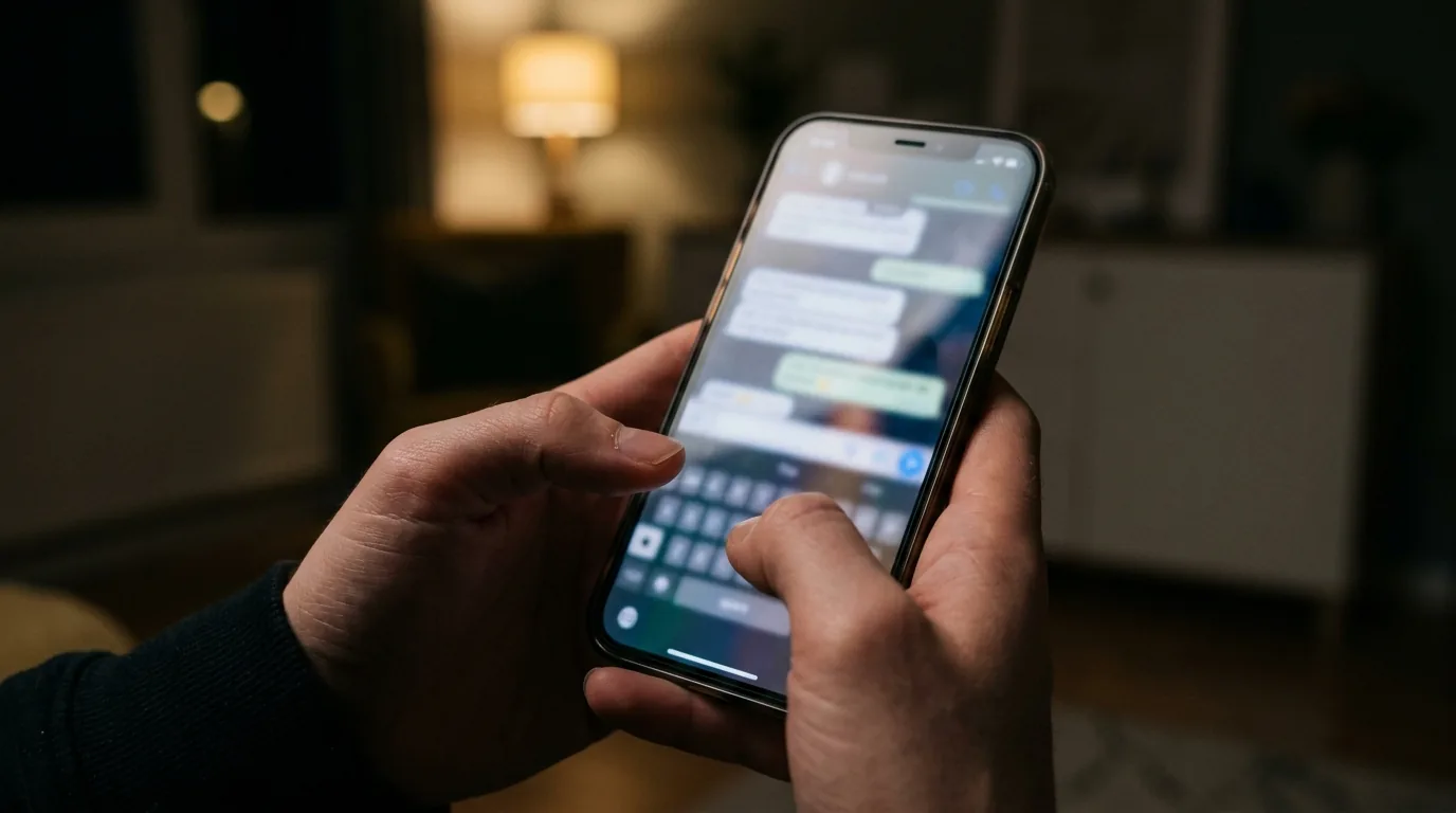 Mãos segurando um smartphone com uma conversa, representando crimes contra a honra