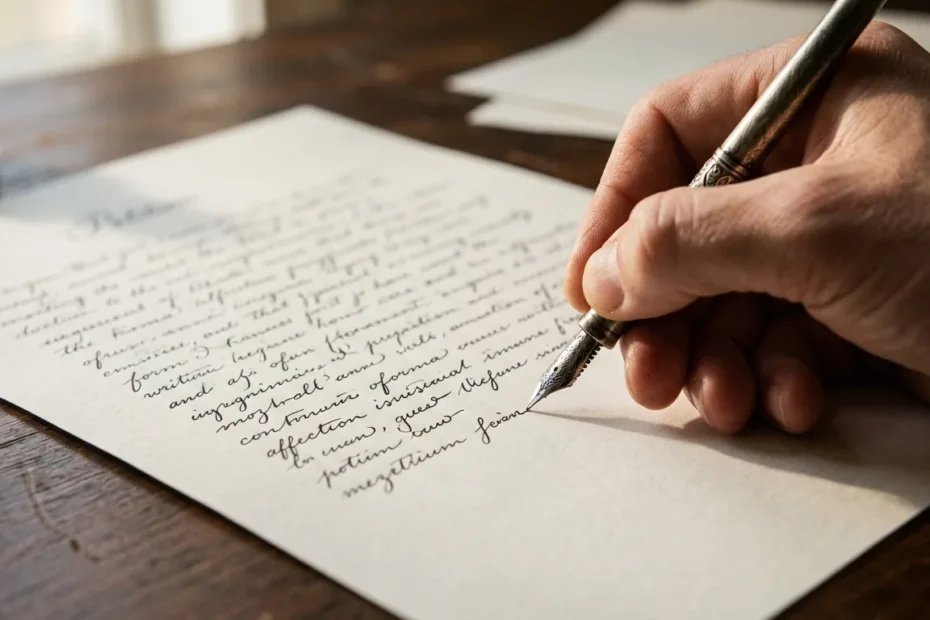 Mão escrevendo uma petição com caneta tinteiro sobre papel branco em uma mesa