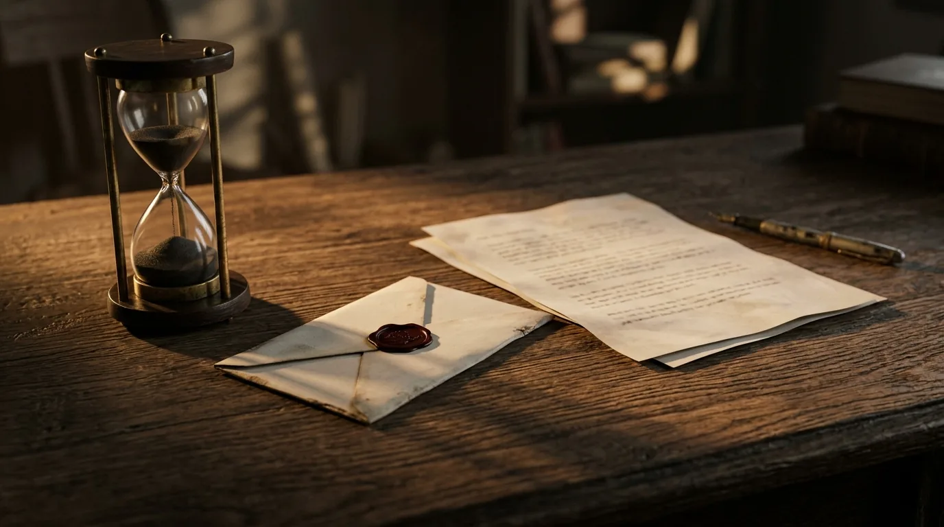 Ampulheta ao lado de uma carta lacrada e um documento sobre uma mesa de madeira