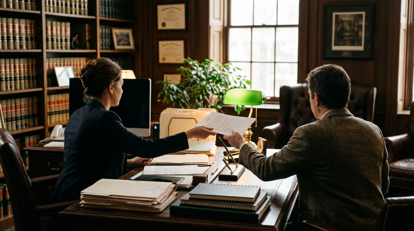 Duas pessoas em uma mesa de escritório de advocacia, uma entregando um documento à outra