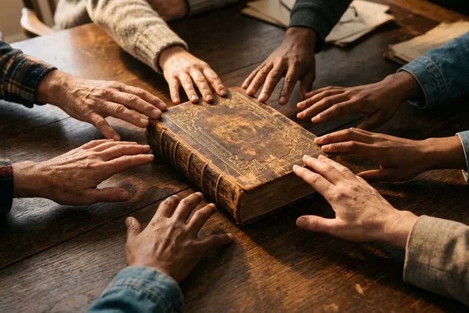 Várias mãos alcançando um mesmo livro de direito sobre a mesa, simbolizando o acesso de todos ao habeas corpus