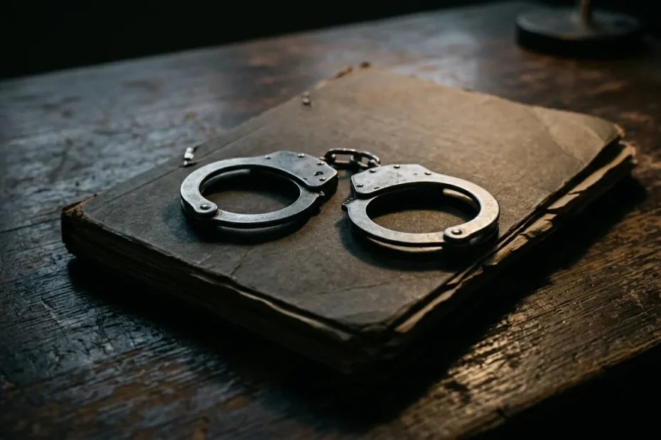 Par de algemas sobre um processo fechado em uma mesa escura de madeira