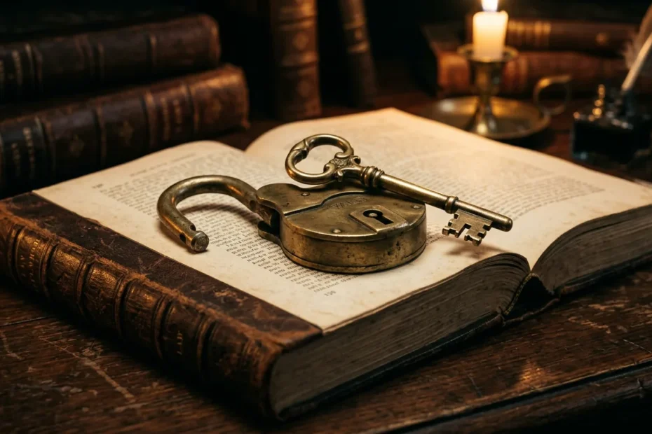 Chave de bronze sobre um cadeado aberto em cima de um livro de direito, simbolizando a soltura pelo relaxamento de prisão