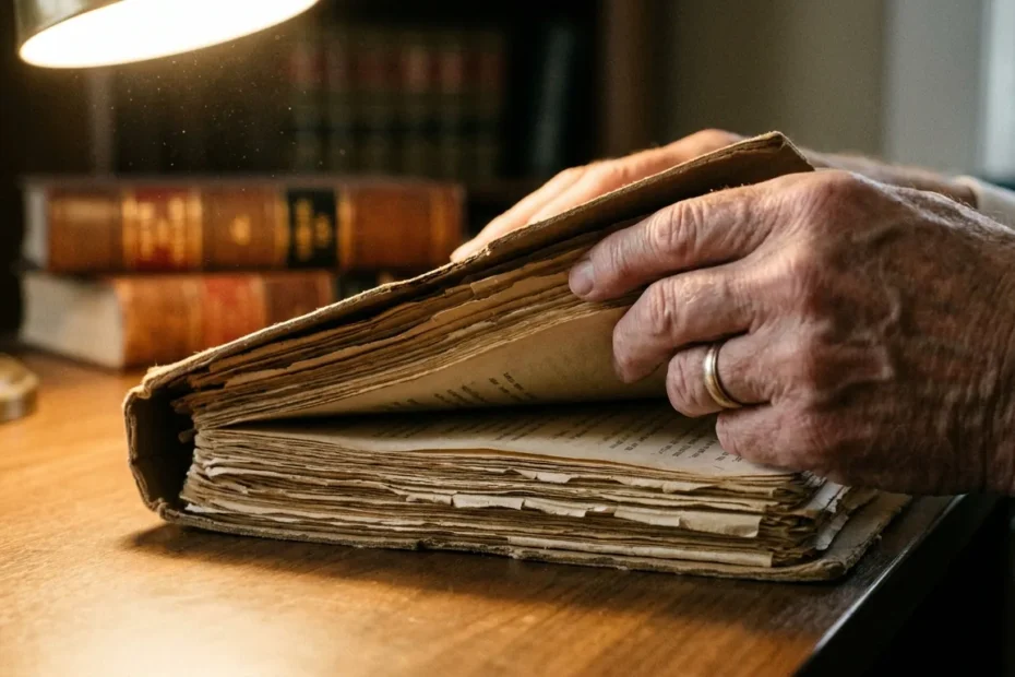 Mãos abrindo uma pasta de processo antigo para uma revisão criminal