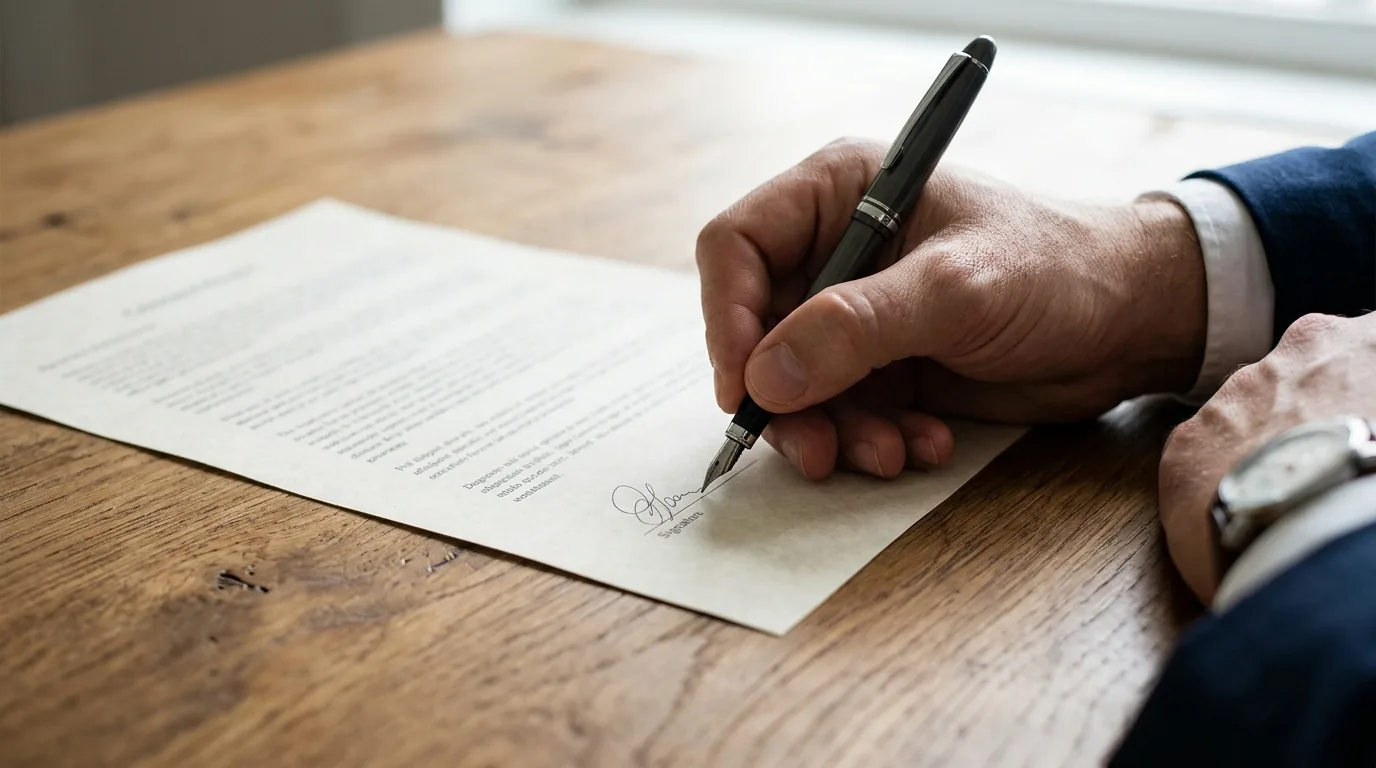 Mão assinando um documento com caneta sobre uma mesa de madeira