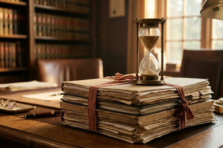 Ampulheta sobre uma pilha de processos amarrados em uma mesa de escritório de advocacia