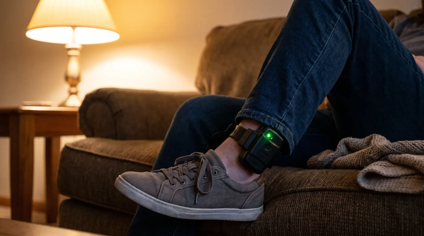Pessoa sentada no sofá de casa à noite usando tornozeleira eletrônica no tornozelo, cumprindo o recolhimento noturno