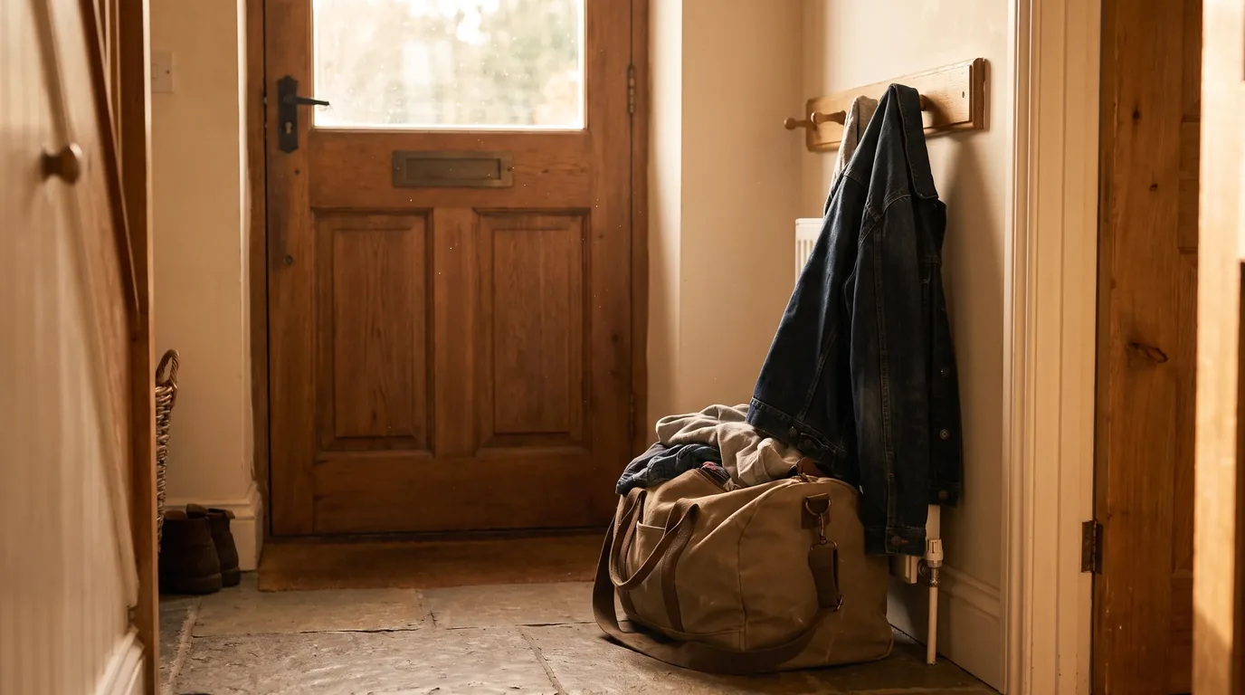 Mala de viagem e casaco ao lado da porta de casa, representando o pedido de autorização para viajar com tornozeleira