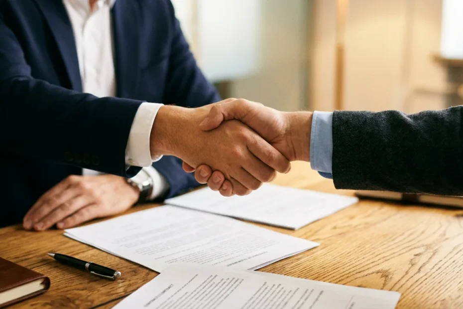 Duas pessoas apertando as mãos sobre uma mesa com documentos, representando um acordo