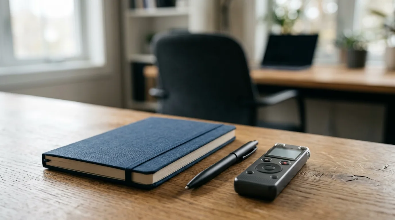 Caderno fechado, caneta e gravador de voz sobre a mesa de um escritório, representando o registro de um depoimento