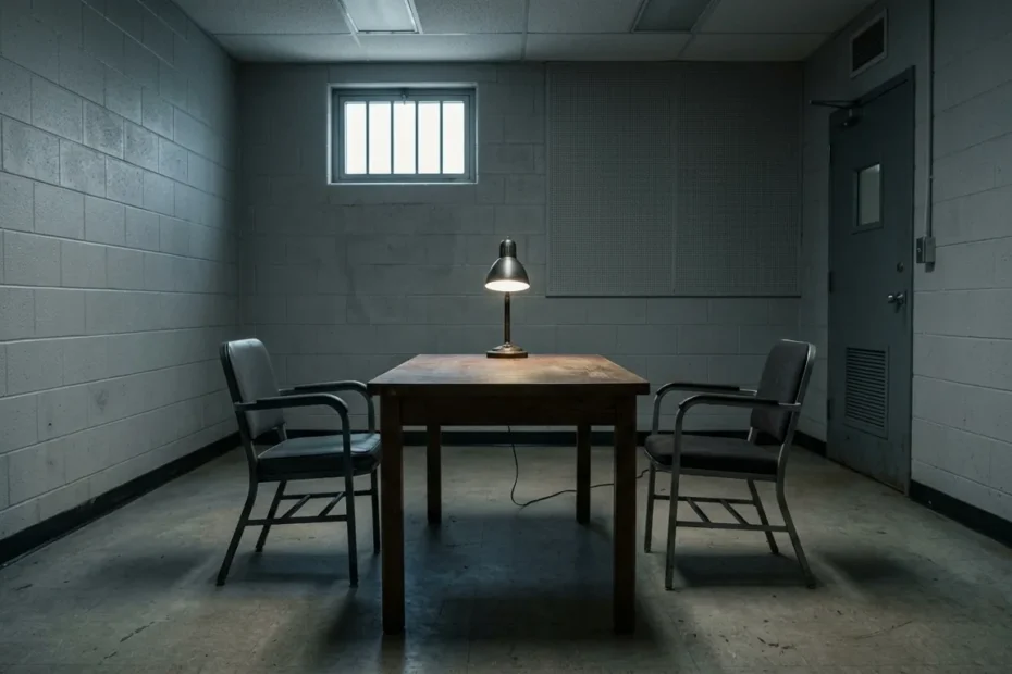 Sala de interrogatório vazia com uma mesa, duas cadeiras e uma luminária acesa, representando o direito de ficar calado
