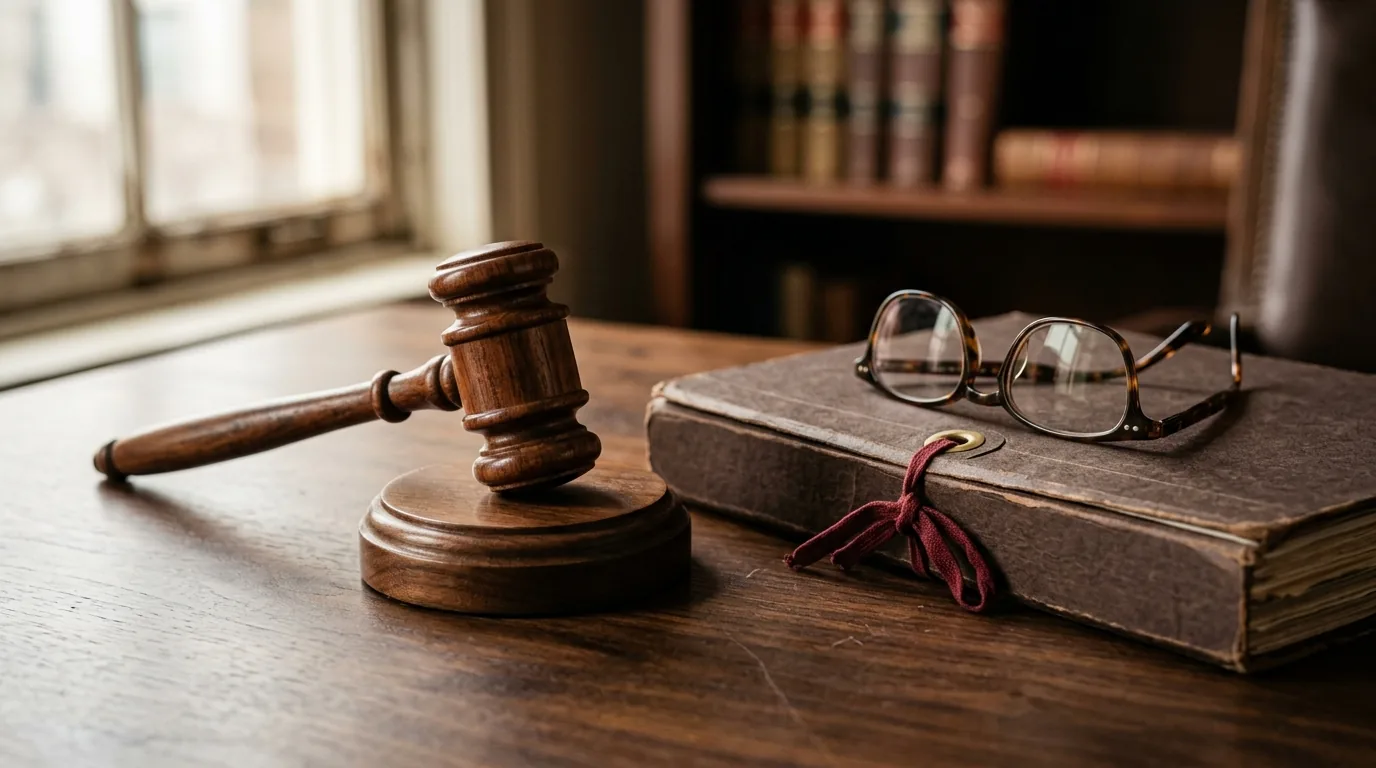 Martelo de juiz ao lado de um processo e de um par de óculos sobre a mesa, representando a decisão sobre a tornozeleira no regime aberto