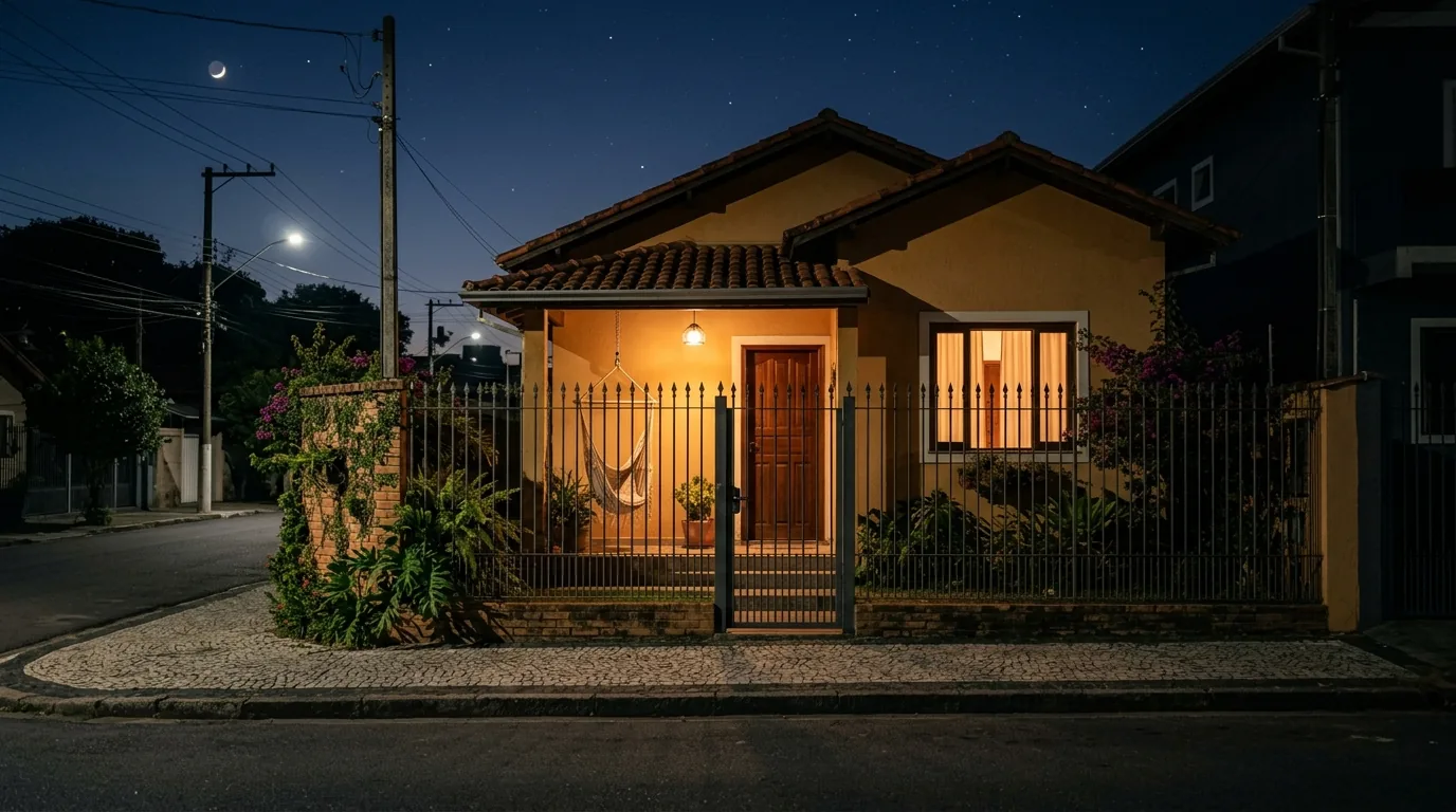 Fachada de uma casa térrea à noite com a luz da varanda acesa e o portão fechado, representando o recolhimento noturno do regime aberto