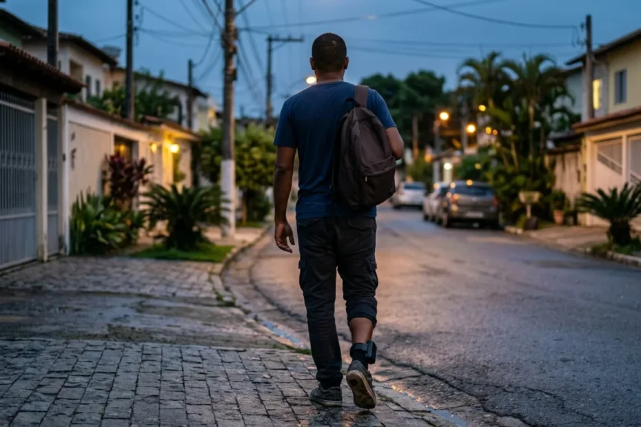 Homem de costas voltando para casa por uma rua residencial ao entardecer com tornozeleira eletrônica no tornozelo, representando o regime aberto com monitoramento