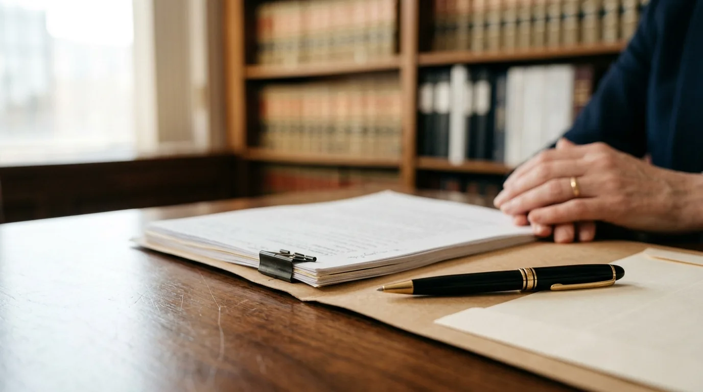Mãos repousando sobre uma pasta de documentos em uma mesa de escritório de advocacia, preparação do pedido de semiaberto harmonizado