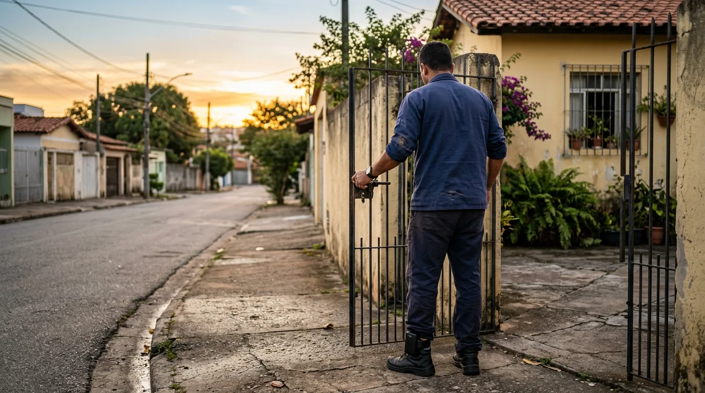 Homem de uniforme visto de costas fechando o portão de casa ao amanhecer para ir trabalhar, rotina do semiaberto harmonizado