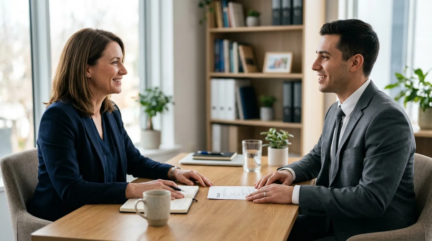 Candidata e empregador conversando em uma mesa de escritório durante uma entrevista de emprego