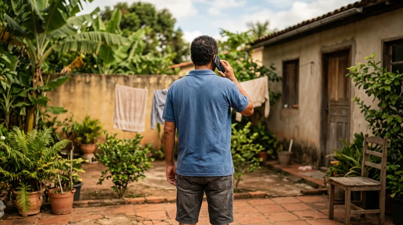Homem de costas em um quintal ao ar livre falando ao celular, representando a ligação para a central quando a tornozeleira vibra