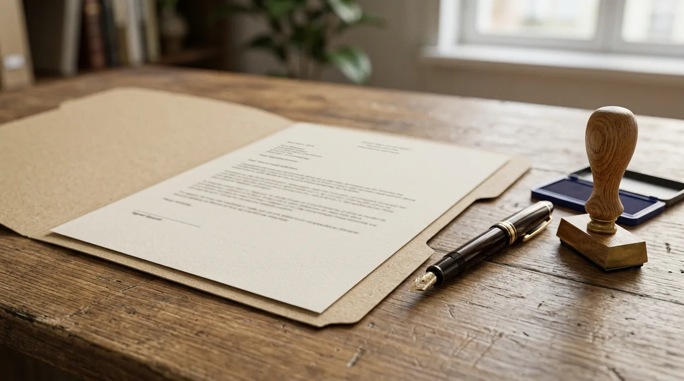 Pasta com uma carta de proposta de emprego, caneta e carimbo sobre a mesa, documento central do pedido de trabalho externo