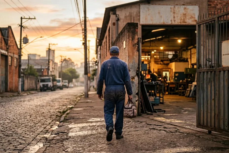 Trabalhador de macacão azul visto de costas caminhando para o portão de uma fábrica ao amanhecer, representando o trabalho externo no regime semiaberto